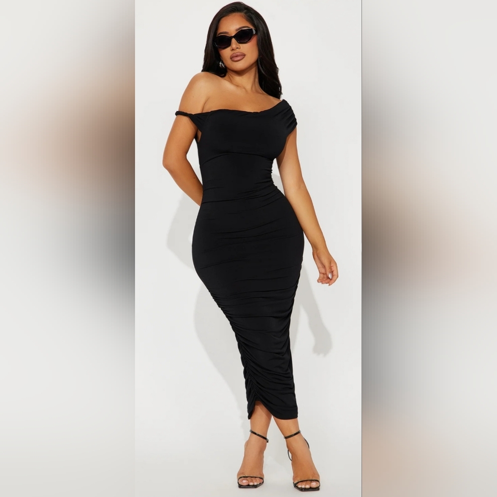Fashion Nova Black One Shoulder Midi Bodycon Dress Medium NWT